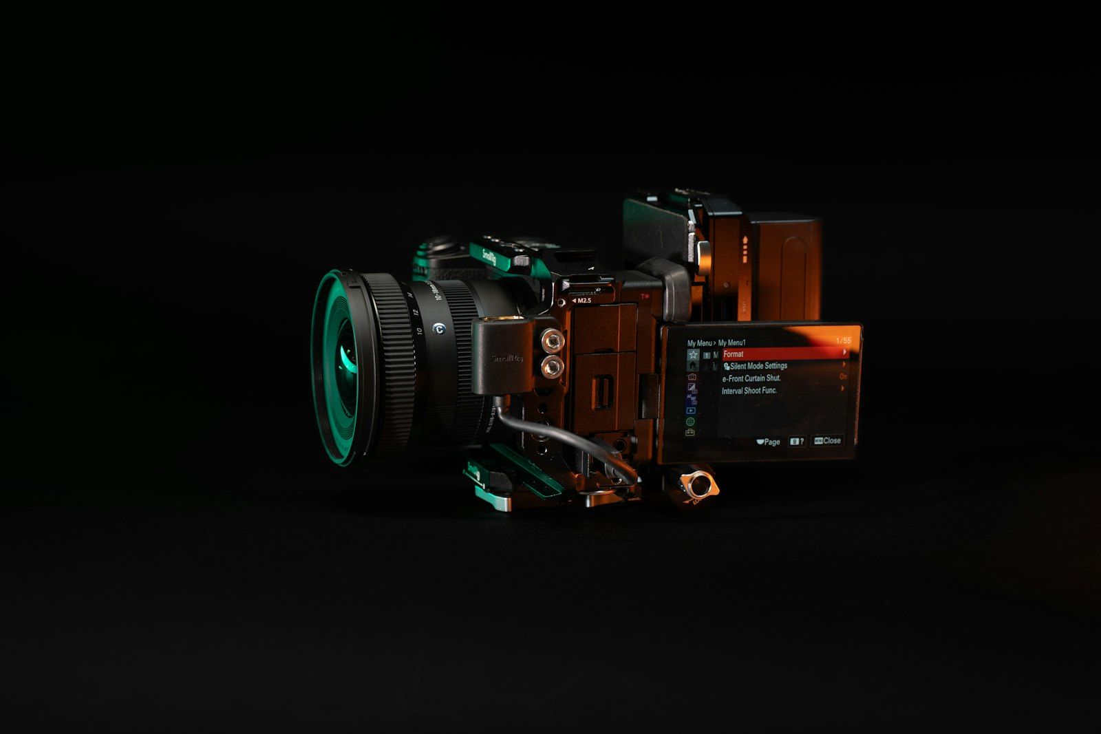 Futuristic video camera with glowing neon accents in the dark